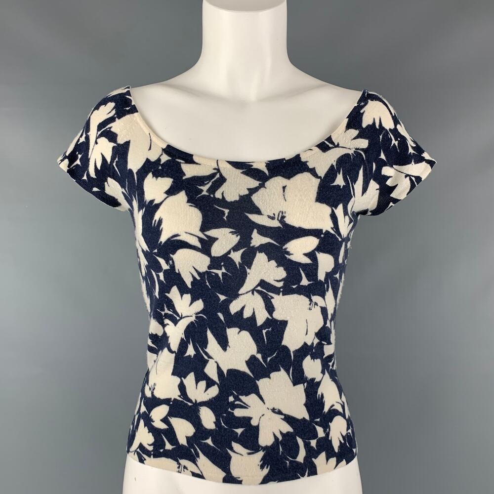 HEIDI WEISEL Size M Cream Navy Cashmere Abstract floral Cap Sleeves Casual Top